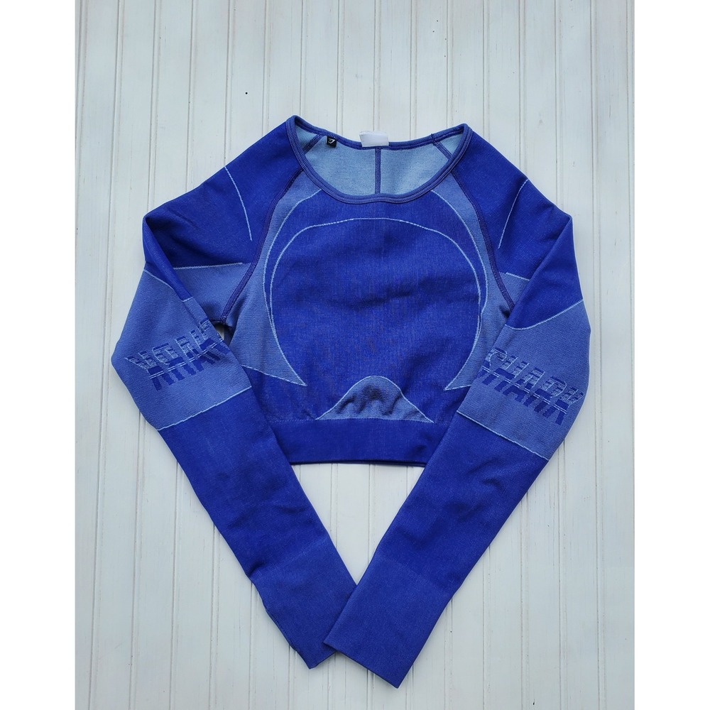 Gymshark Energy+ Seamless Long Sleeve Crop Top Blue Marl Open Back Workout Small